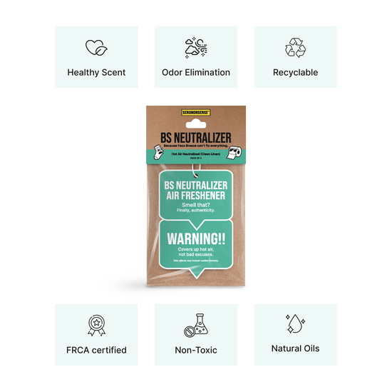 BS Neutralizer air freshener packaging with features listed on a white background