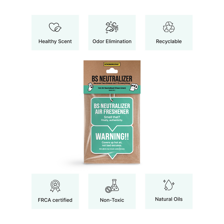BS Neutralizer air freshener packaging with features listed on a white background