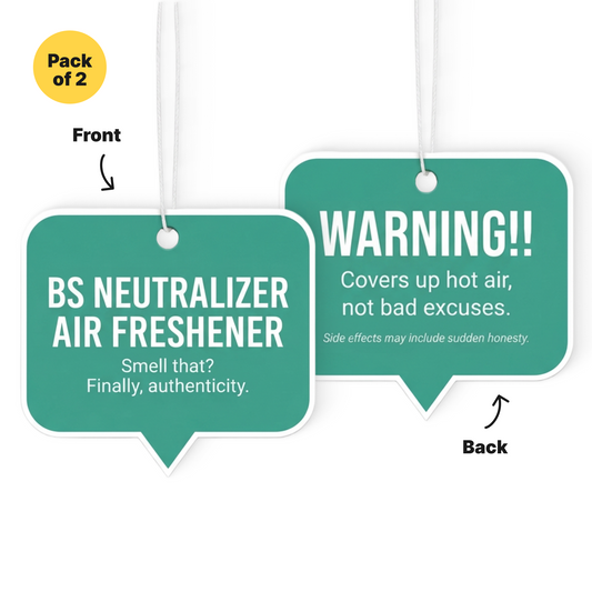 Two green air freshener tags with humorous text on a white background