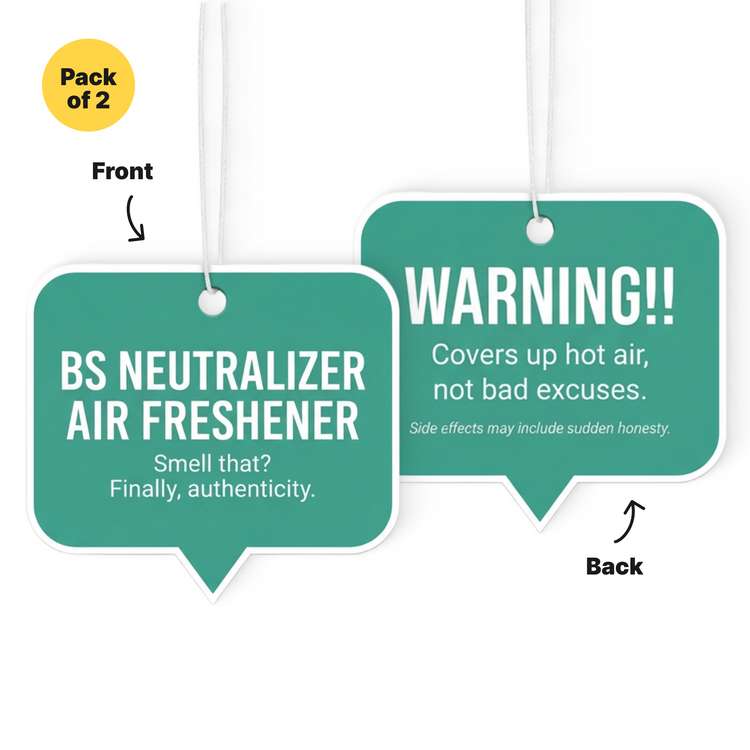 Two green air freshener tags with humorous text on a white background