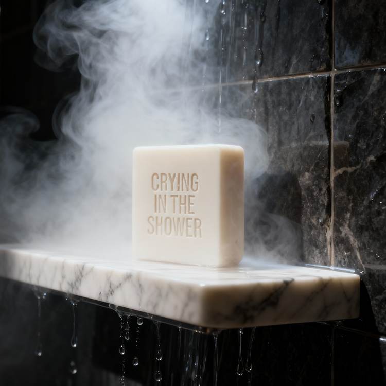Bar of soap with 'Crying in the Shower' text in a steamy shower setting
