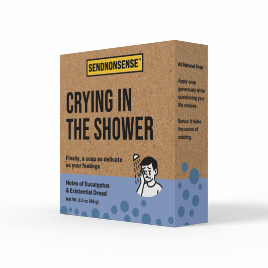 Box of 'Crying in the Shower' soap with Send nonsense branding on a white background