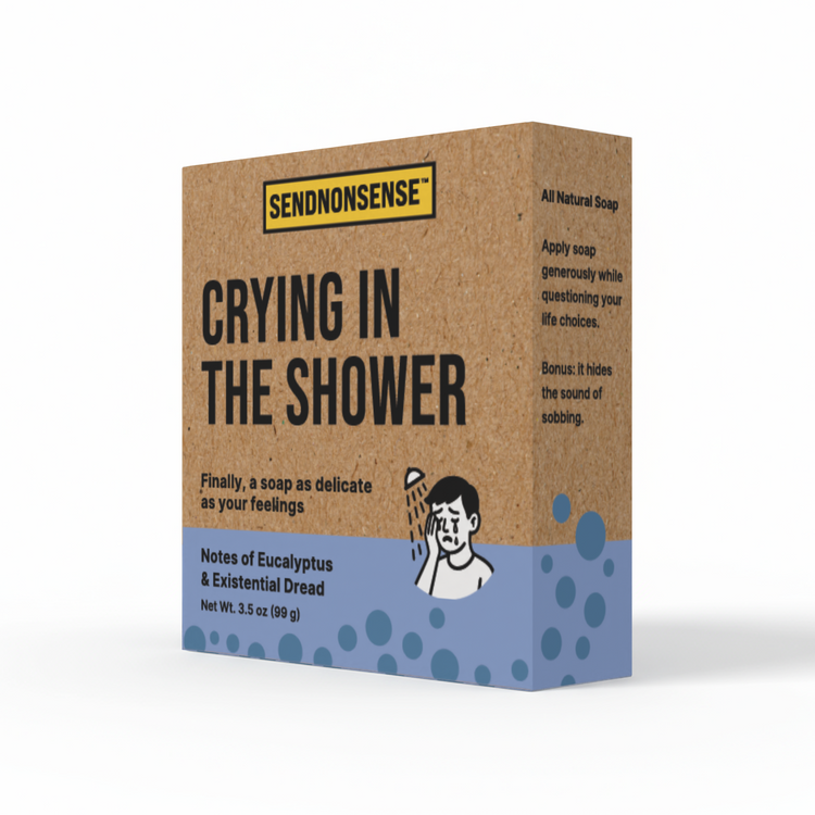 Box of 'Crying in the Shower' soap with Send nonsense branding on a white background