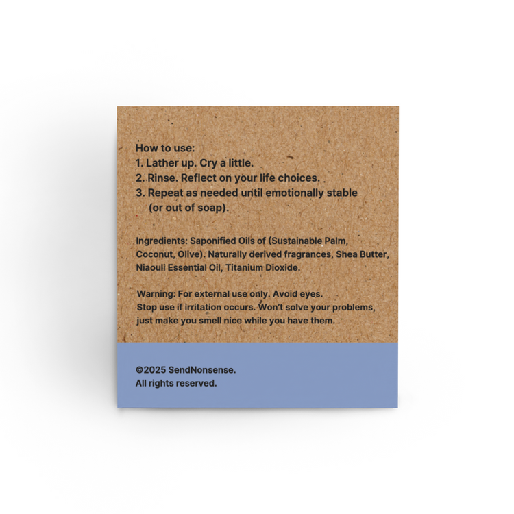 Crying in the Shower soap Instructions and ingredients list on back of box