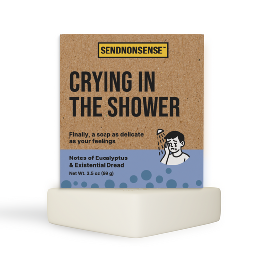 Crying in the Shower Soap bar with 'Sendnonsense' packaging on a white background