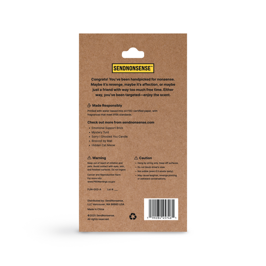 Back of a packaging card  with text and branding