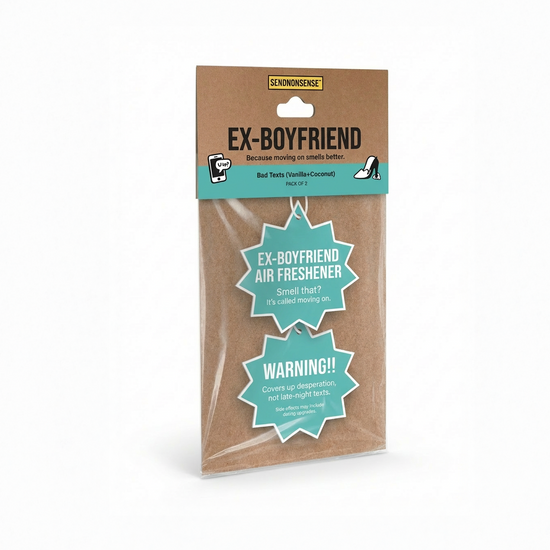 Ex-boyfriend air freshener packaging with brown cardboard with front and back image 