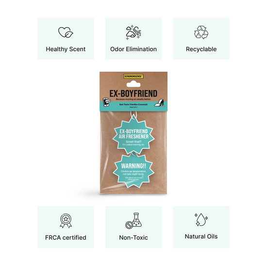 Ex-Boyfriend air freshener packaging with scent and benefits 
