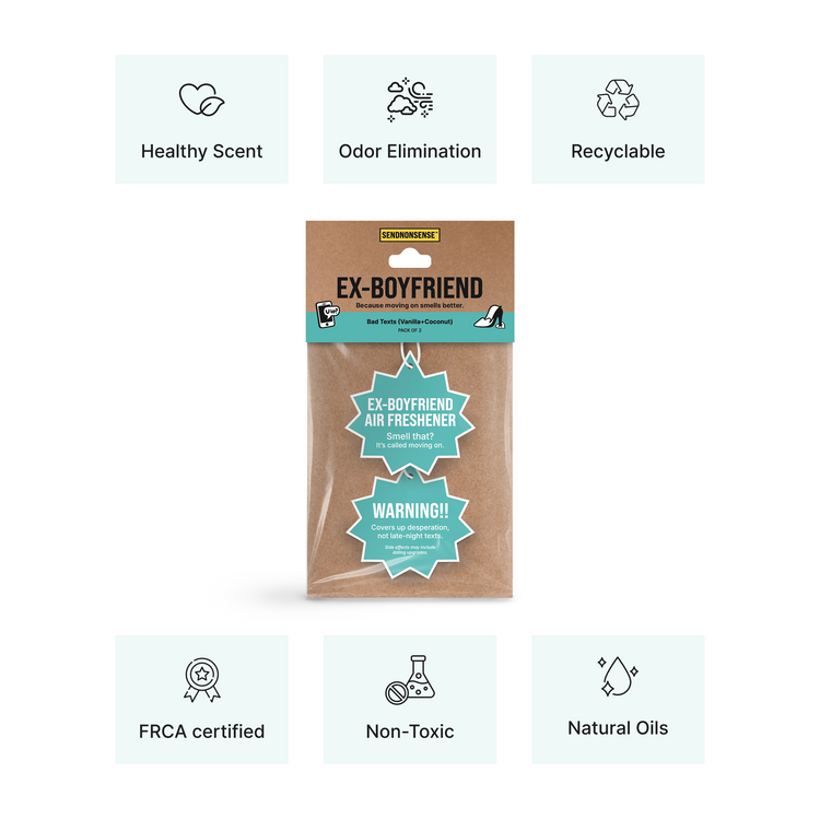 Ex-Boyfriend air freshener packaging with scent and benefits 