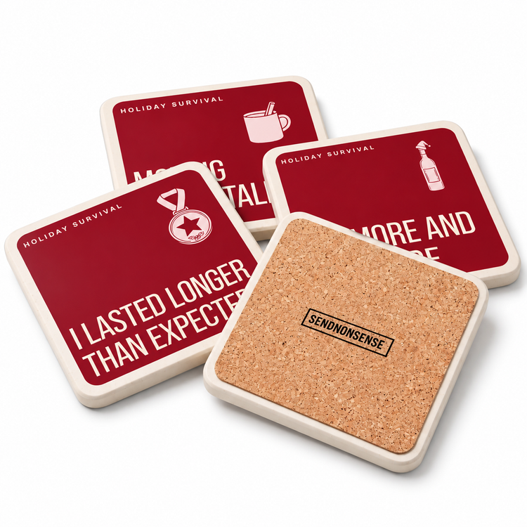 Holiday Survival Funny Coasters | Christmas Gift – Set of 4