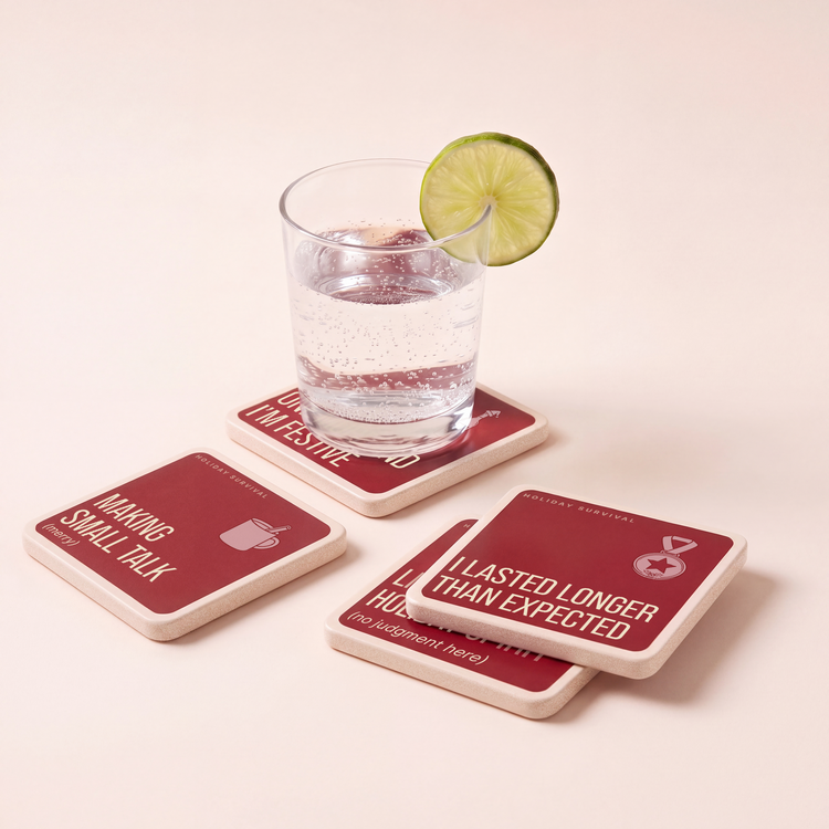 Holiday Survival Funny Coasters | Christmas Gift – Set of 4