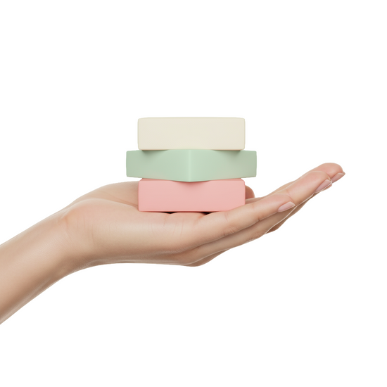 Hand holding three stacked colorful soap bars on a white background
