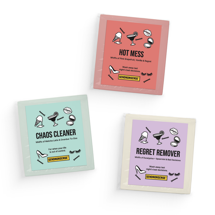 Three soap bars labeled 'Hot Mess', 'Chaos Cleaner', and 'Regret Remover' on a white background