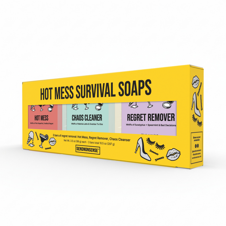 Box of Hot Mess Survival Soaps 45 degree angle with colorful labels on a white background