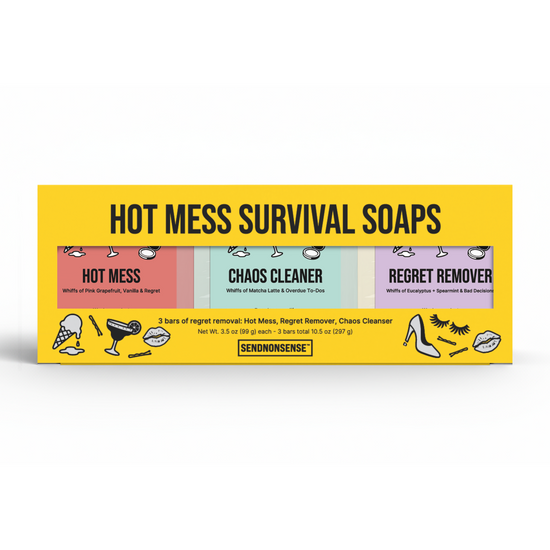 Box of Hot Mess Survival Soaps with colorful labels on a white background