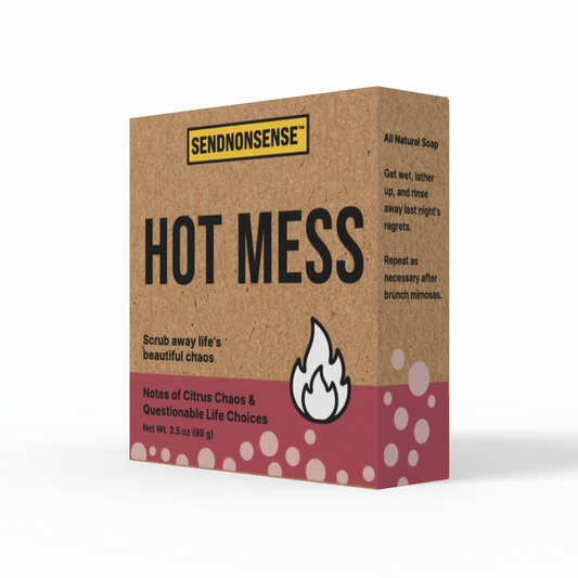 Box of 'Hot Mess' soap with a flame graphic and text on a white background