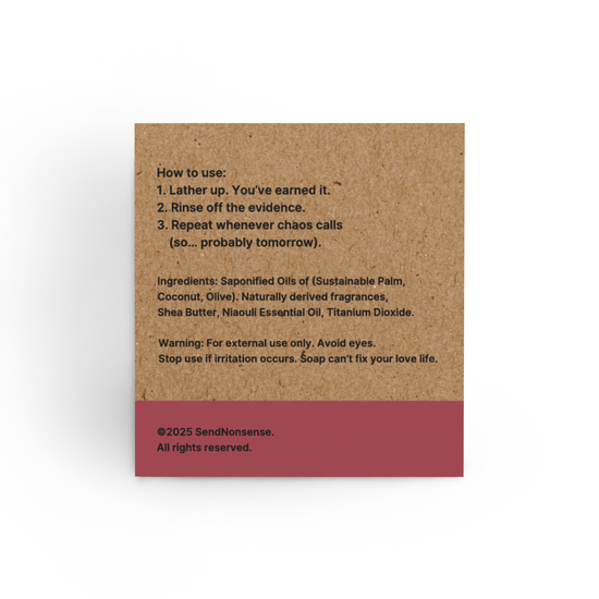 Hot Mess Soap with Instructions and ingredients list on a cardboard soap packaging with a humorous tone.