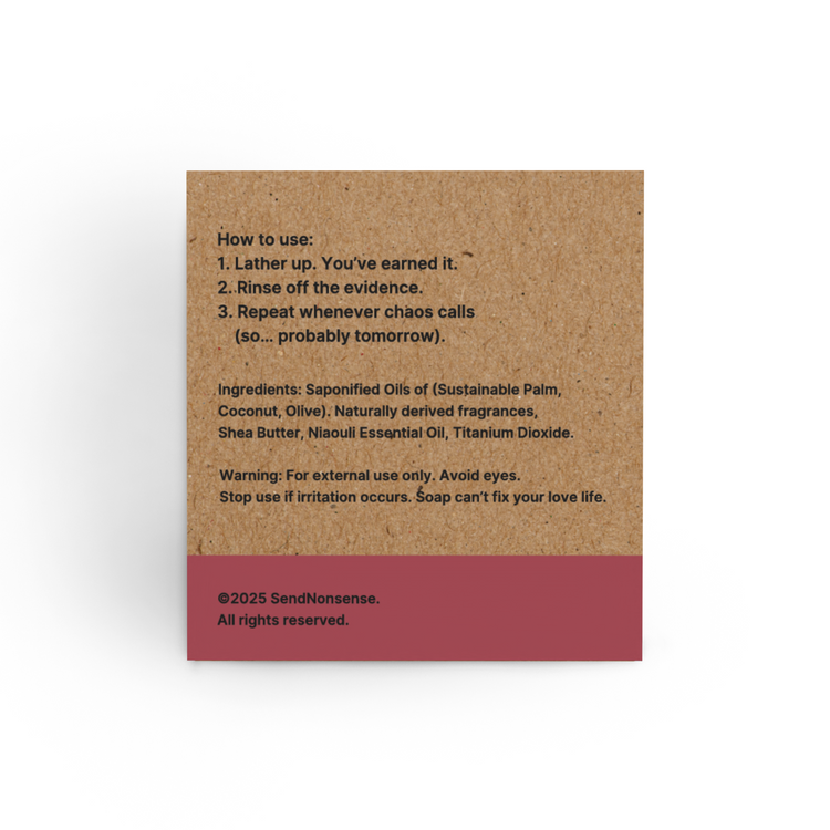 Hot Mess Soap with Instructions and ingredients list on a cardboard soap packaging with a humorous tone.