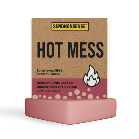 Product packaging for 'Hot Mess' with a brown label and pink base on a white background