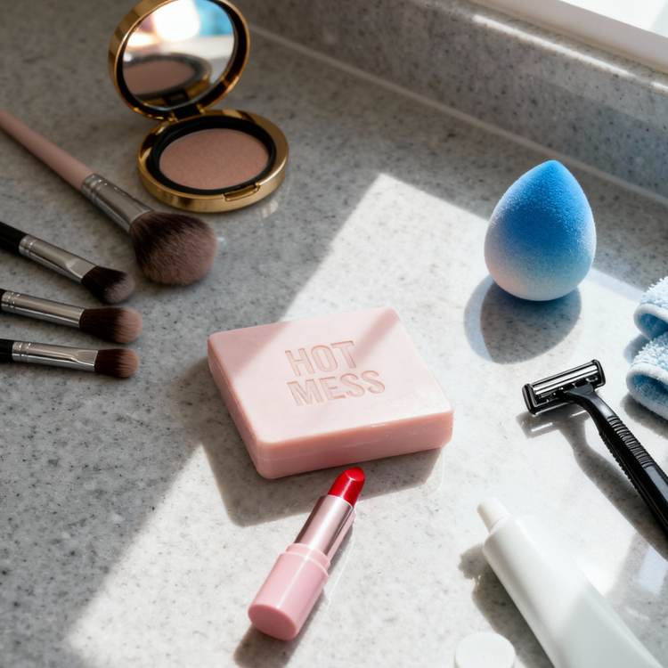 Hot Mess soap on sink with make up, brushes, soap, lipstick, and razor on a textured surface.