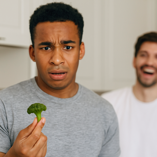 Person holding a piece of broccoli by mail gag gift with another person in the background