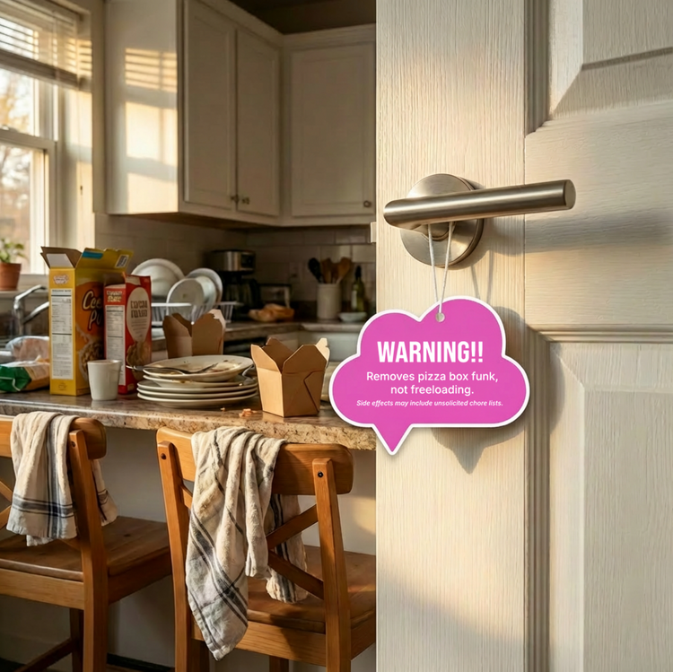Messy kitchen scene with a 'Roommate' air freshener on the door  knob 