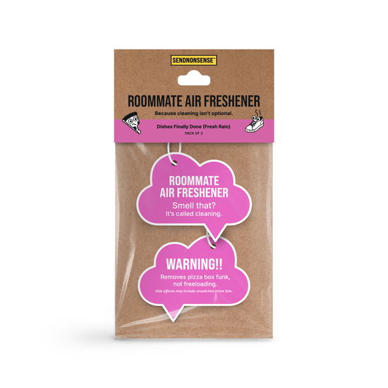 Packaged air freshener labeled 'Roommate' front and back side in white text