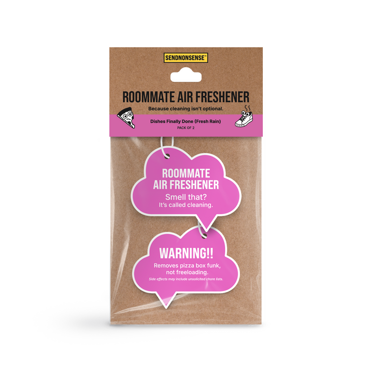 Packaged air freshener labeled 'Roommate' front and back side in white text