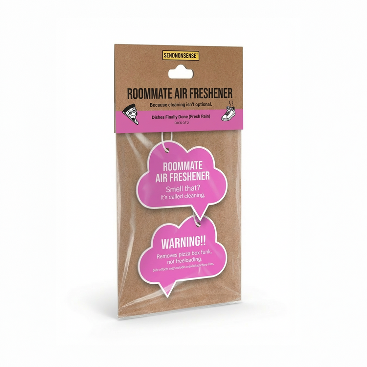 Roommate air freshener packaging with humorous text front and back