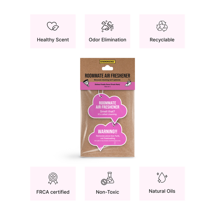 Roommate air freshener packaging with scent and benefits 