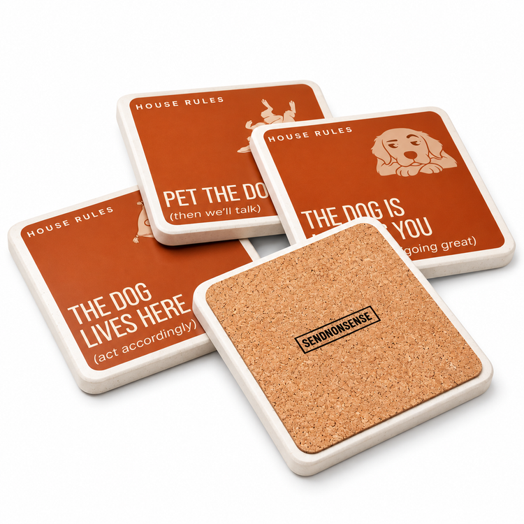 House Rules Funny Dog Coasters | Dog Lover Gift – Set of 4
