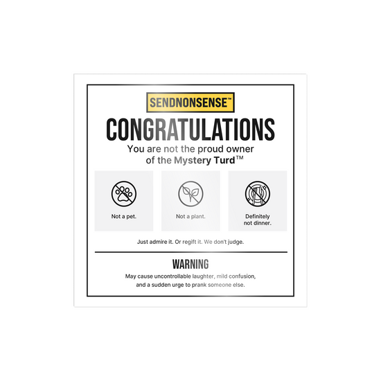 “Mystery Turd” prank gag gift insert card by SendNonsense featuring funny congratulatory message and novelty humor warning