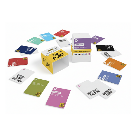 SendNonsense Bad Excuses game with colorful cards and open box. Funny excuse and roast party card game for adults.