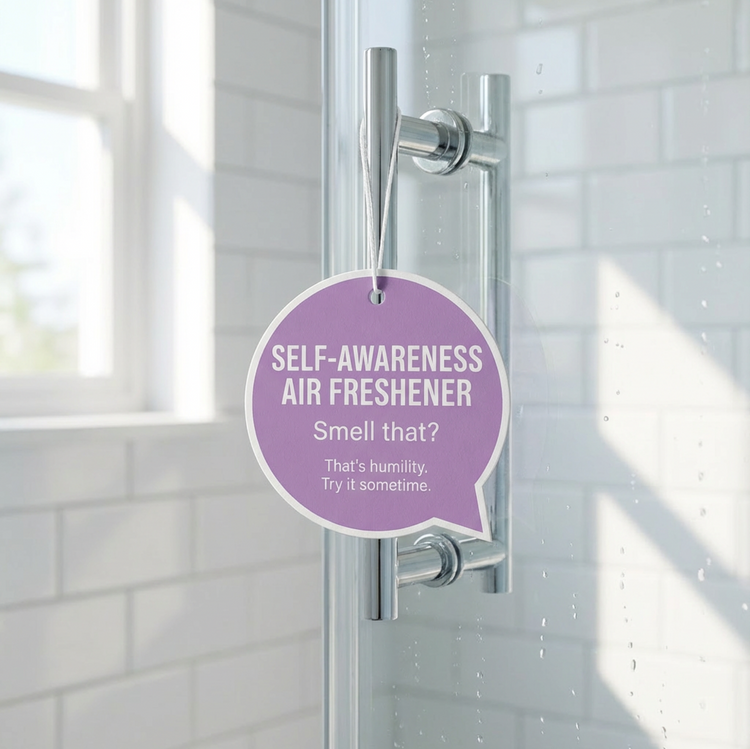 Purple air freshener labeled 'Self-Awareness Air Freshener' on a shower door.