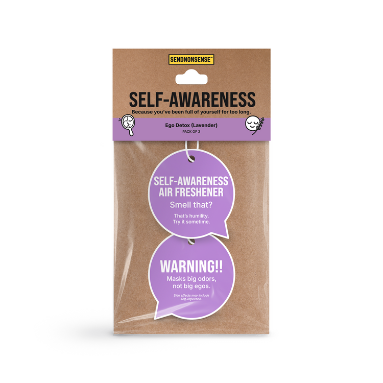 Self-awareness air freshener packaging with humorous text front and back 
