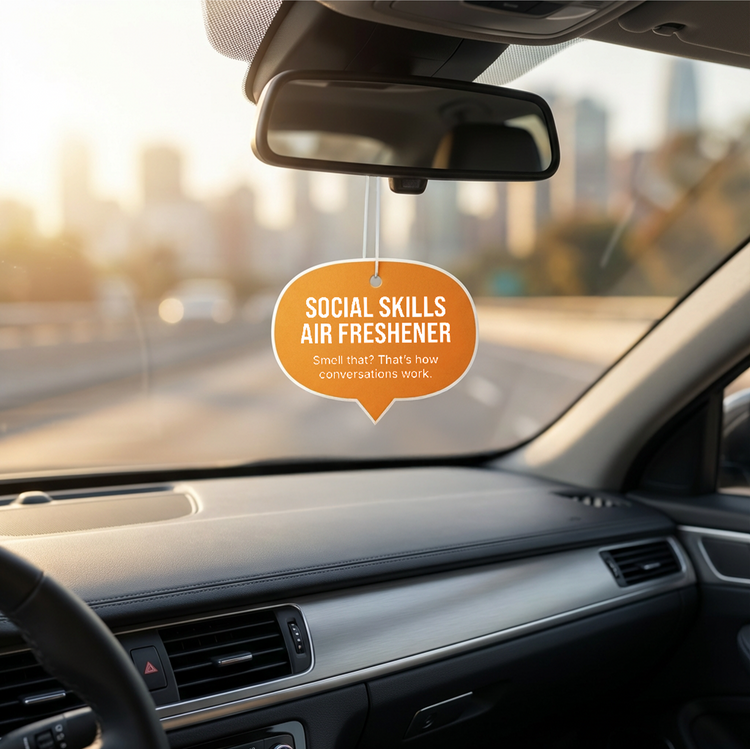 Car interior with a social skills air freshener hanging from the rearview mirror.