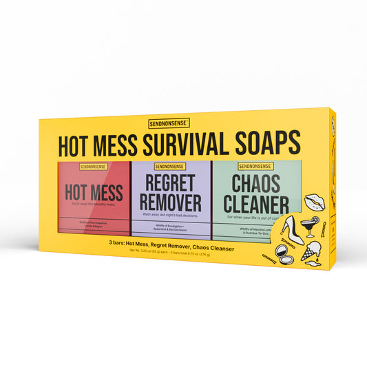 Funny “Hot Mess Survival Soaps” gag gift set with three bars labeled Hot Mess, Regret Remover, and Chaos Cleaner