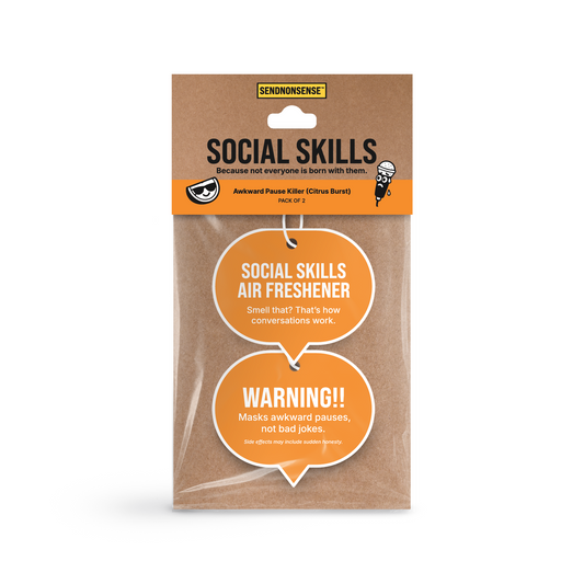 Packaged air freshener labeled 'Social Skills' front and back in white text