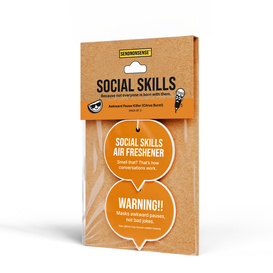 Packaging of a social skills air freshener with humorous text 
